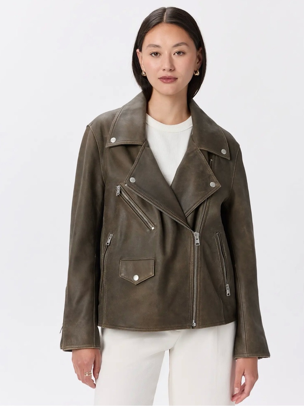 Quince 100% Leather Oversized Biker
Jacket in Distressed Brown $250 Small NWOT
